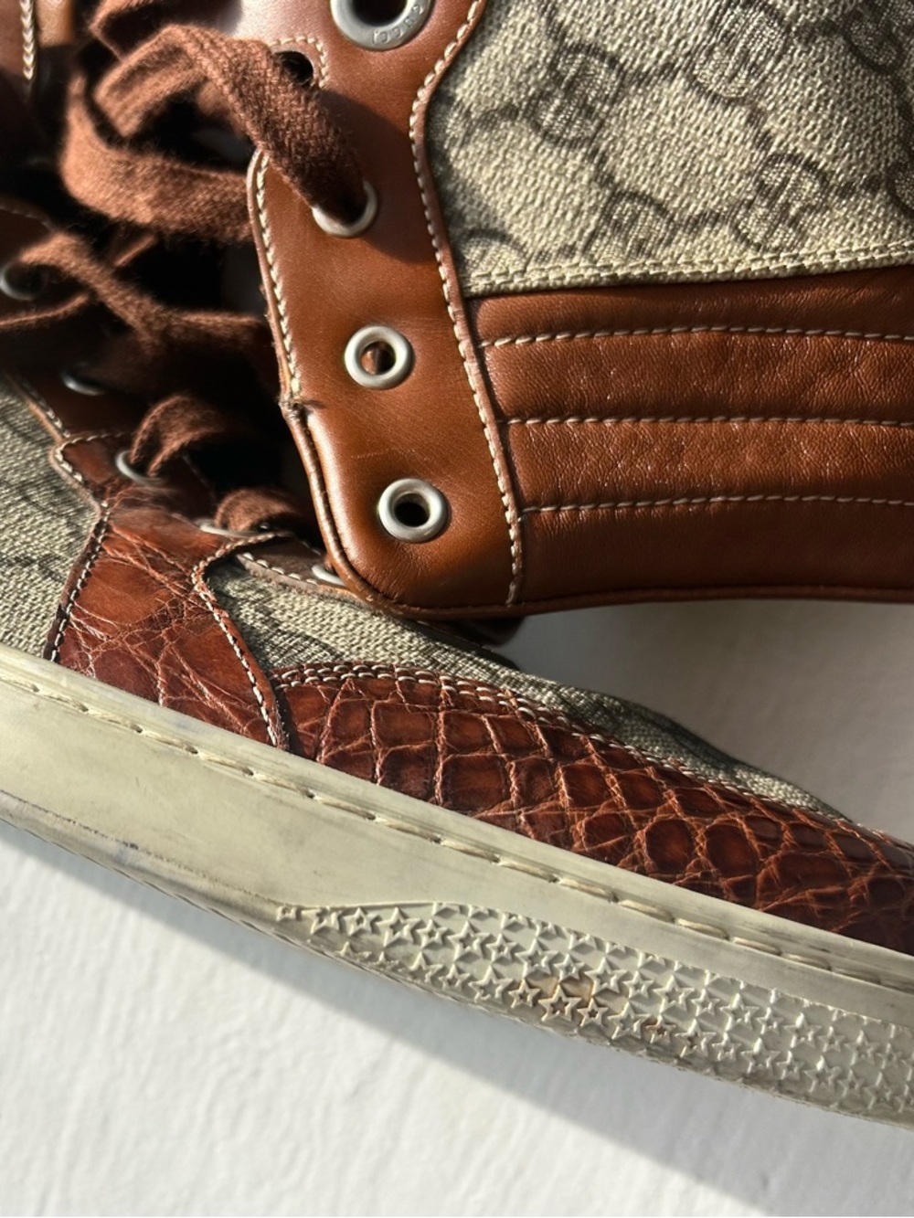 Men’s Gucci Imprime Crocodile Canvas GG High-Top Sneakers - Brown, Size 16 - Picture 9 of 15